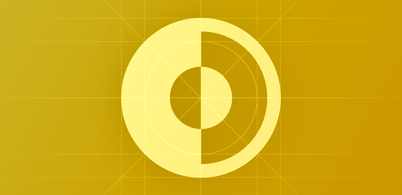 A sketch of concentric circles with half-filled areas, suggesting the presence of light and dark. The image is overlaid with rectangular and circular grid lines and is tinted yellow to subtly reflect the yellow in the original six-color Apple logo.