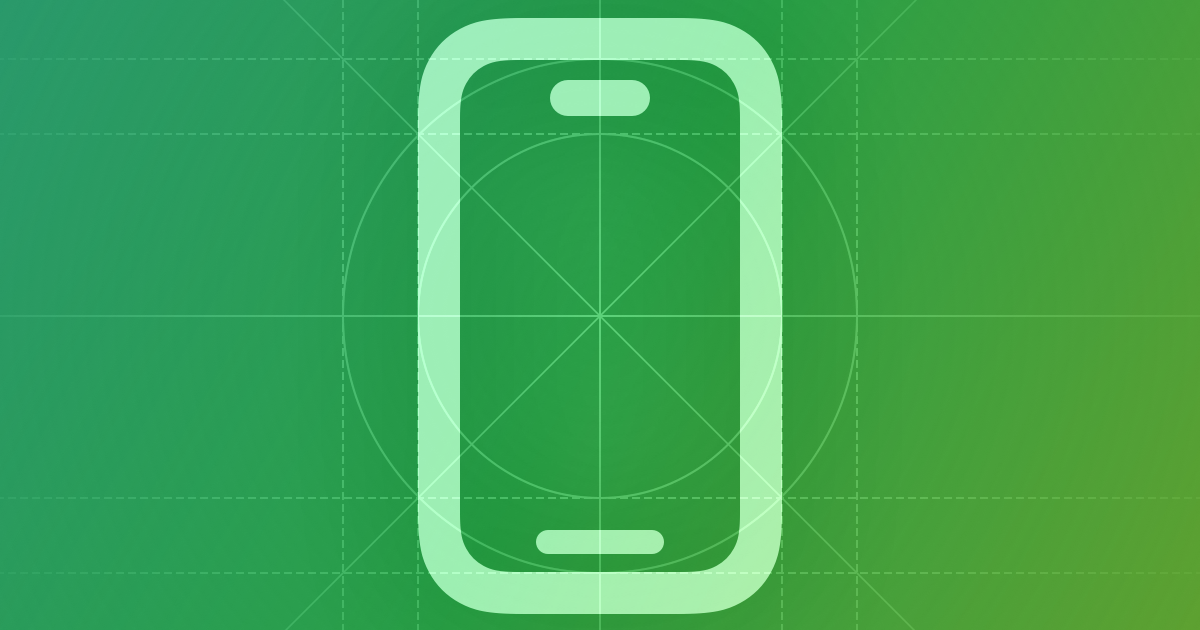 A stylized representation of an iPhone frame shown on top of a grid. The image is overlaid with rectangular and circular grid lines and is tinted green to subtly reflect the green in the original six-color Apple logo.